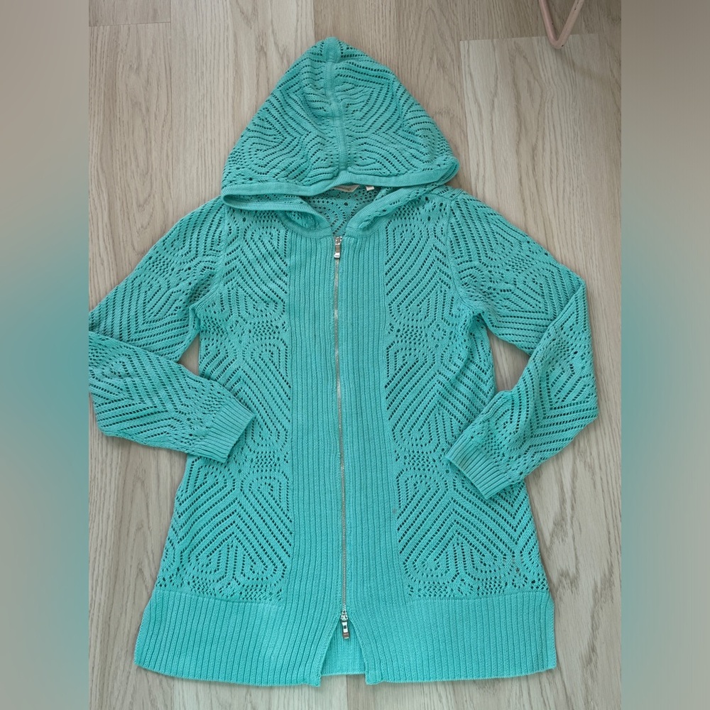 Soft Surroundings Hooded Crochet Cardigan Sweater ZipperJacket Hoodie pointelle